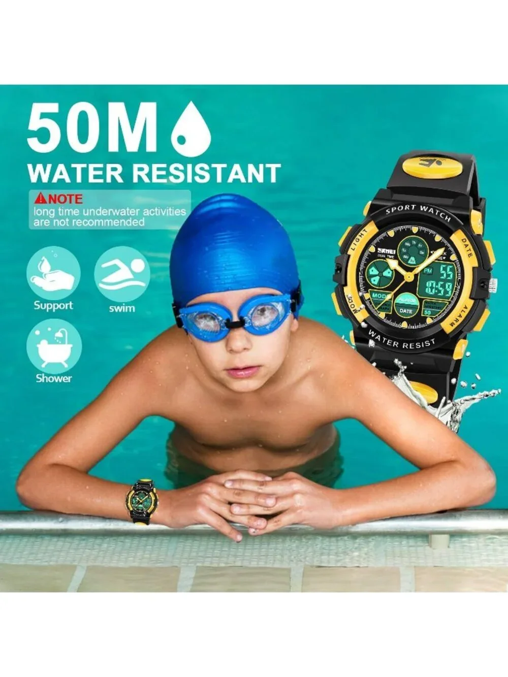 Kid's Black And Yellow Analog Quartz Multi Function Waterproof LED Digital Watch